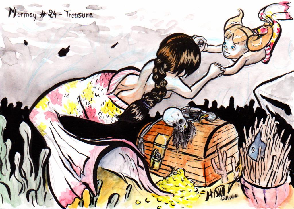 Mermay 2020 #24 - Trésor

Aquarelle et encre par Myster Ty.

Une mère sirène et sa petite fille jouent au dessus d'un coffre au trésor donc le squelette d'un pirate affalé dessus ne profitera jamais.
