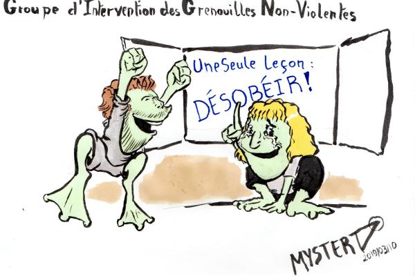 Dessin d'illustration d'une formation du Groupement d'Intervention des Grenouilles Non-Violentes. Sur le tableau : «1 seule leçon : DÉSOBÉIR»