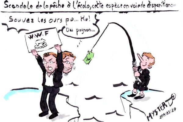 Scandale de la pêche à l'écolo, cette espèce en voix de disparition : Pascal Canfin, président du WWF, est appâté par la canne à pêche d'Emmanuel Macron.