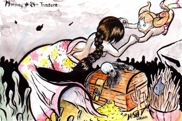 Mermay 2020 #24 - Trésor

Aquarelle et encre par Myster Ty.

Une mère sirène et sa petite fille jouent au dessus d'un coffre au trésor donc le squelette d'un pirate affalé dessus ne profitera jamais.