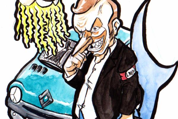Mermay 2020 #25 - Requin, par myster ty, encre et aquarelle.

Macron en requin avec une valise de billets devant une épave de renault twingo imatriculée "g00d 5l4ve", avec Murielle Pellico en grosse méduse flottant sans bute, satisfaite de sa condition.